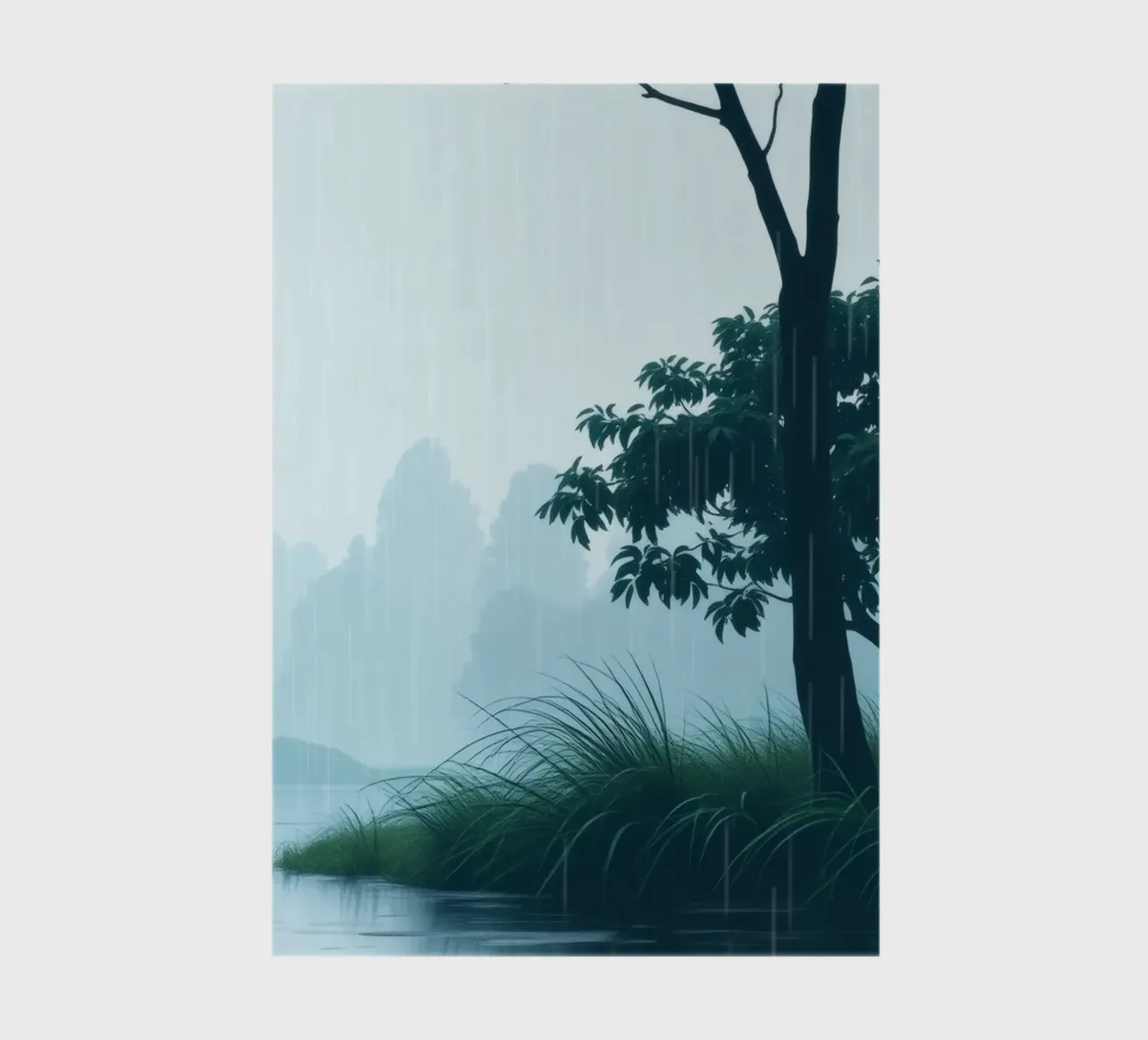Paesaggio sereno con pioggia che cade su un fiume tranquillo diario da DesignDoodle