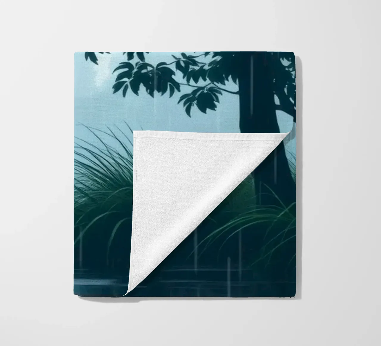 Paesaggio sereno con pioggia che cade su un fiume tranquillo telo mare da DesignDoodle
