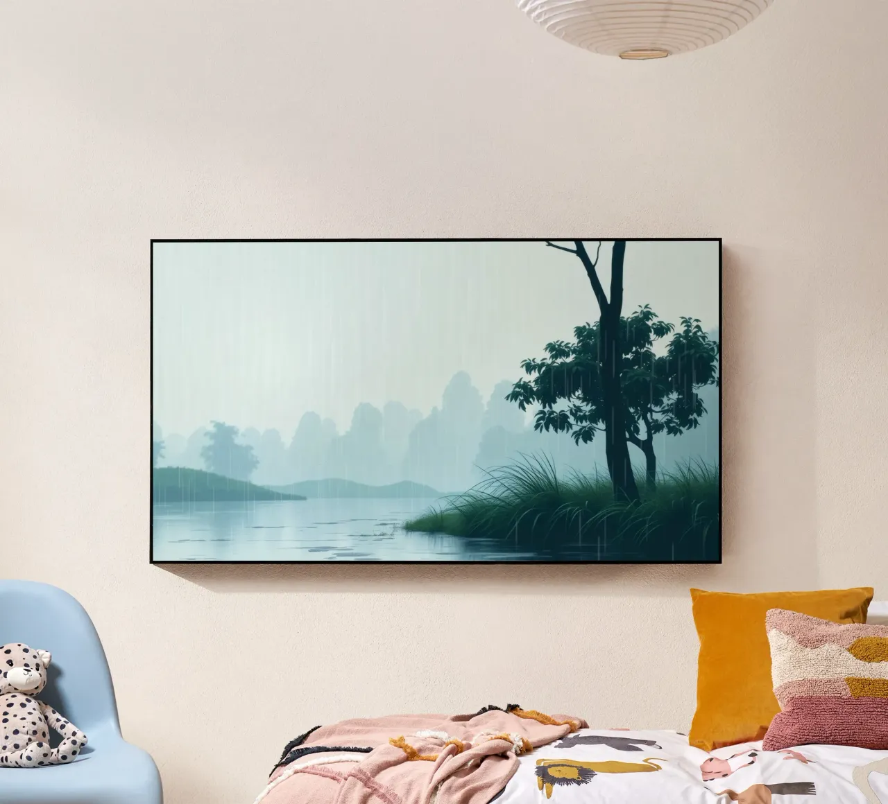 Paesaggio sereno con pioggia che cade su un fiume tranquillo plexiglass da DesignDoodle