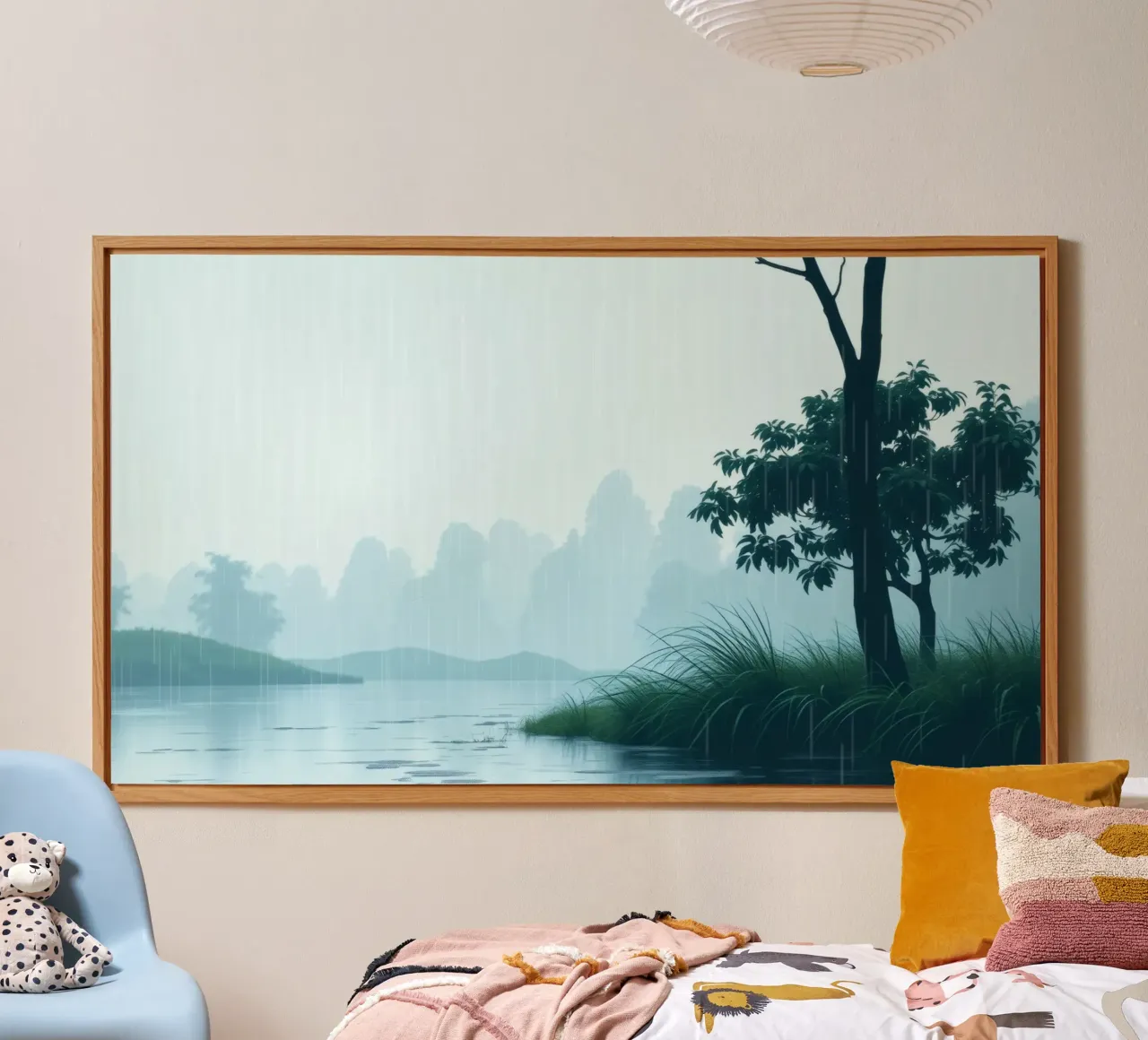 Paesaggio sereno con pioggia che cade su un fiume tranquillo alluminio dibond da DesignDoodle