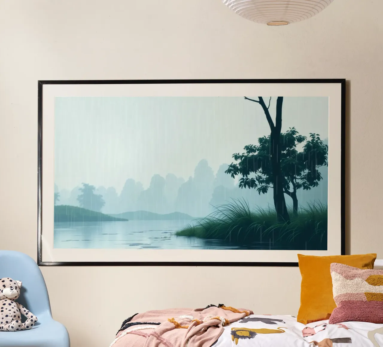 Paesaggio sereno con pioggia che cade su un fiume tranquillo carta hahnemühle da DesignDoodle