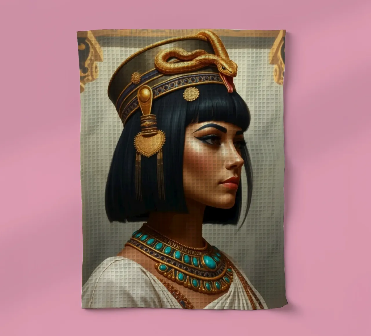 Egyptian queen adorned with elegant jewelry and headdress tea towel by DesignDoodle