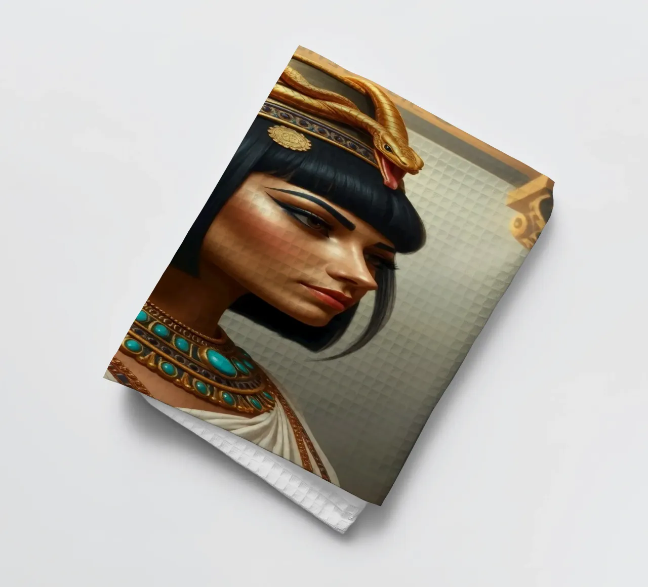 Egyptian queen adorned with elegant jewelry and headdress tea towel by DesignDoodle