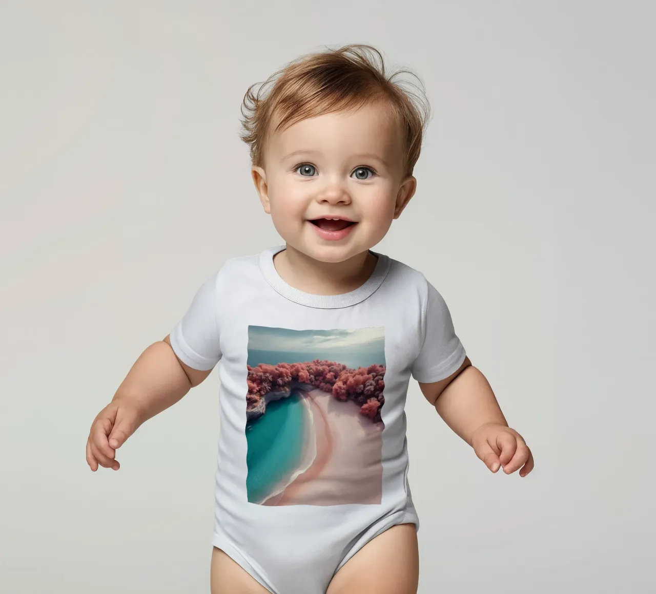 kustlandschap met roze gebladerte en turquoise water babyrompertje korte mouwen van DesignDoodle