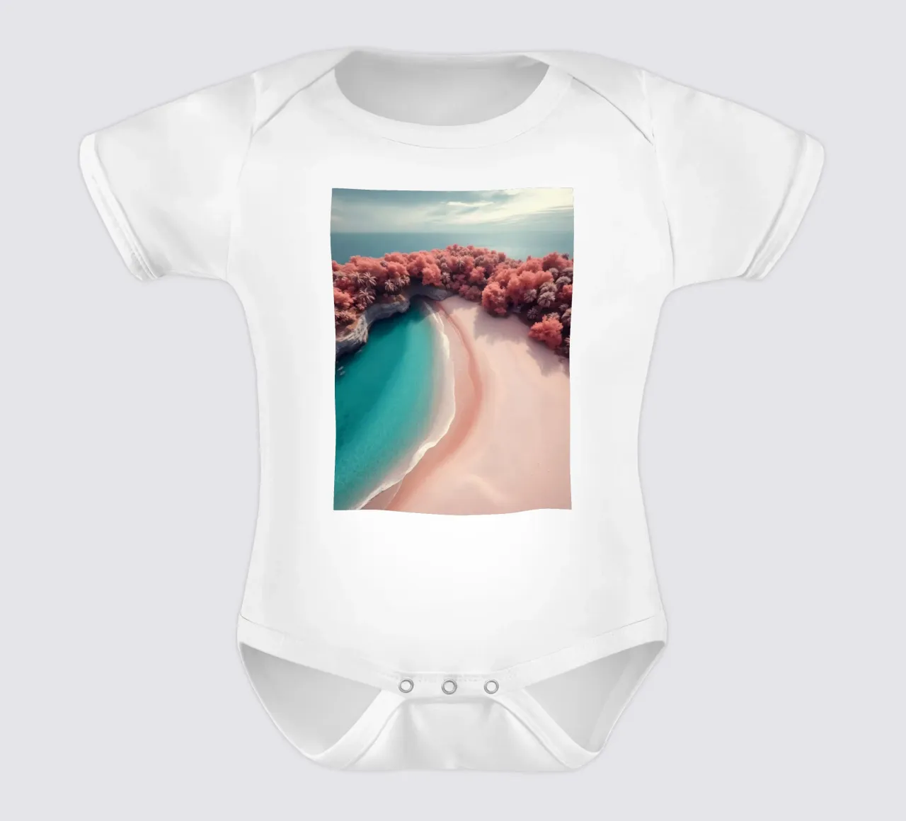 kustlandschap met roze gebladerte en turquoise water babyrompertje korte mouwen van DesignDoodle