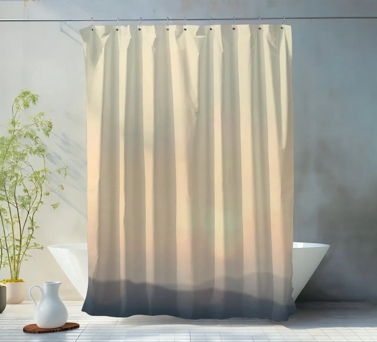 Sunset casting a warm glow over distant mountains and cloude shower curtain by DesignDoodle