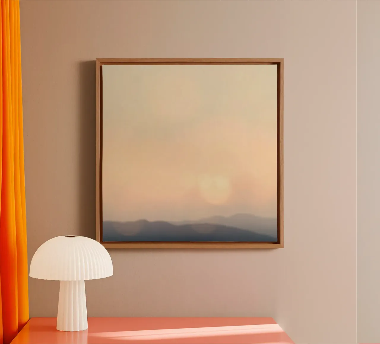 Sunset casting a warm glow over distant mountains and cloude canvas by DesignDoodle
