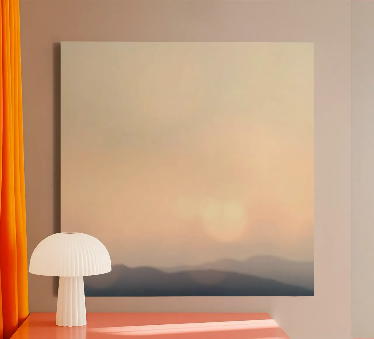 Sunset casting a warm glow over distant mountains and cloude canvas by DesignDoodle