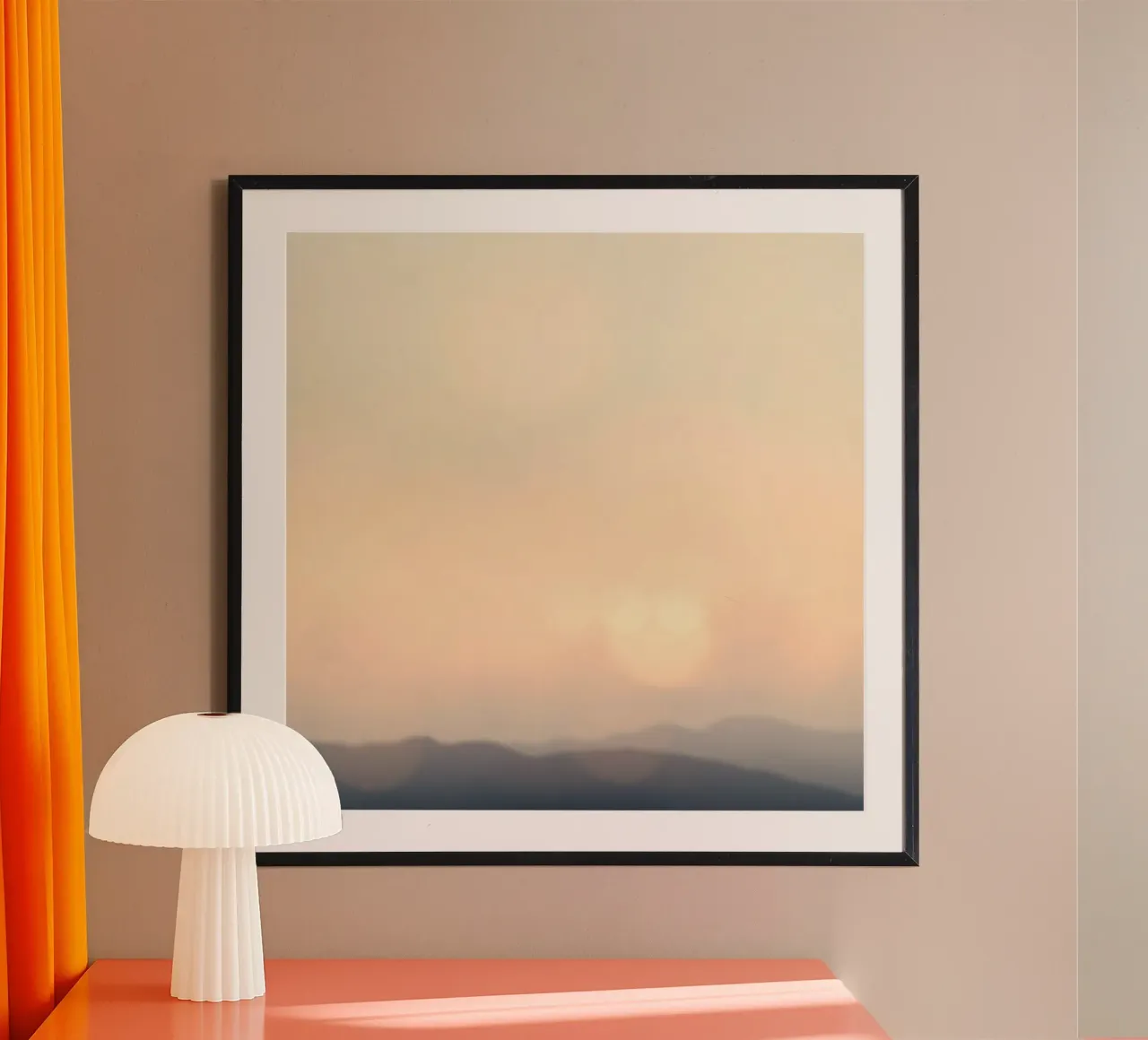 Sunset casting a warm glow over distant mountains and cloude hahnemühle by DesignDoodle