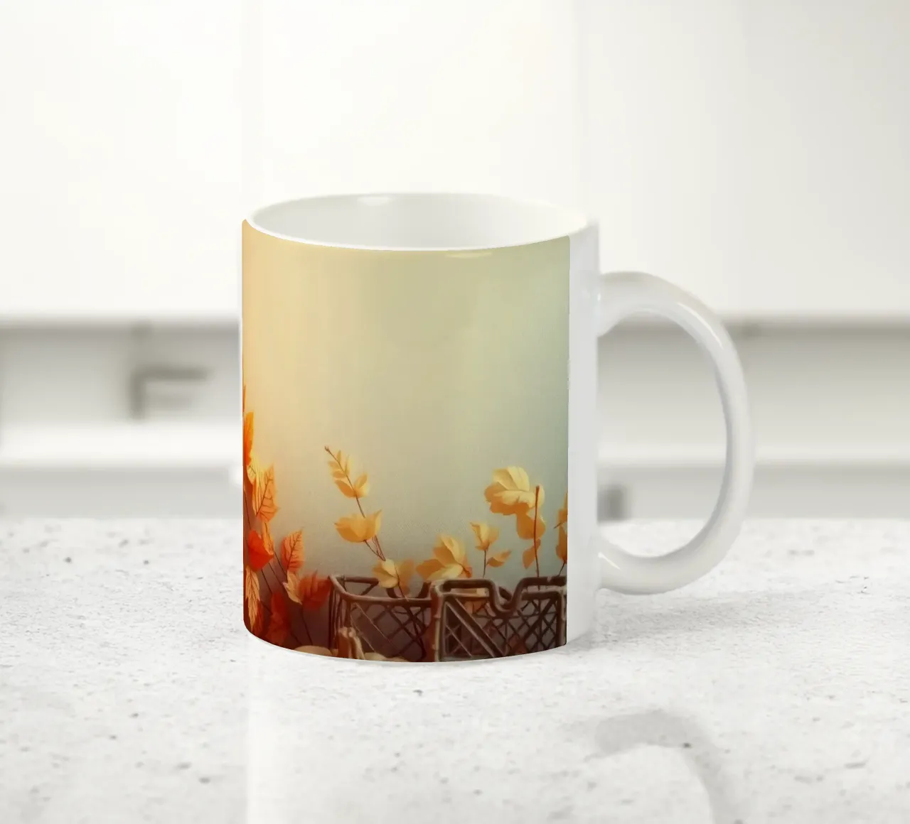 Accogliente decorazione autunnale con foglie arancioni e zucche tazza in ceramica da DesignDoodle