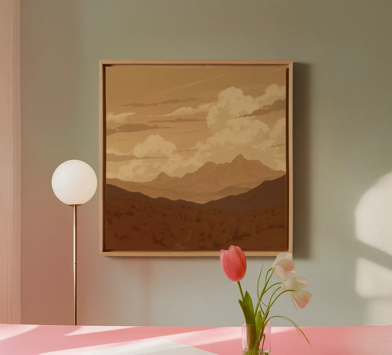desert landscape with mountains and clouds at sunset canvas with Floater frame by DesignDoodle