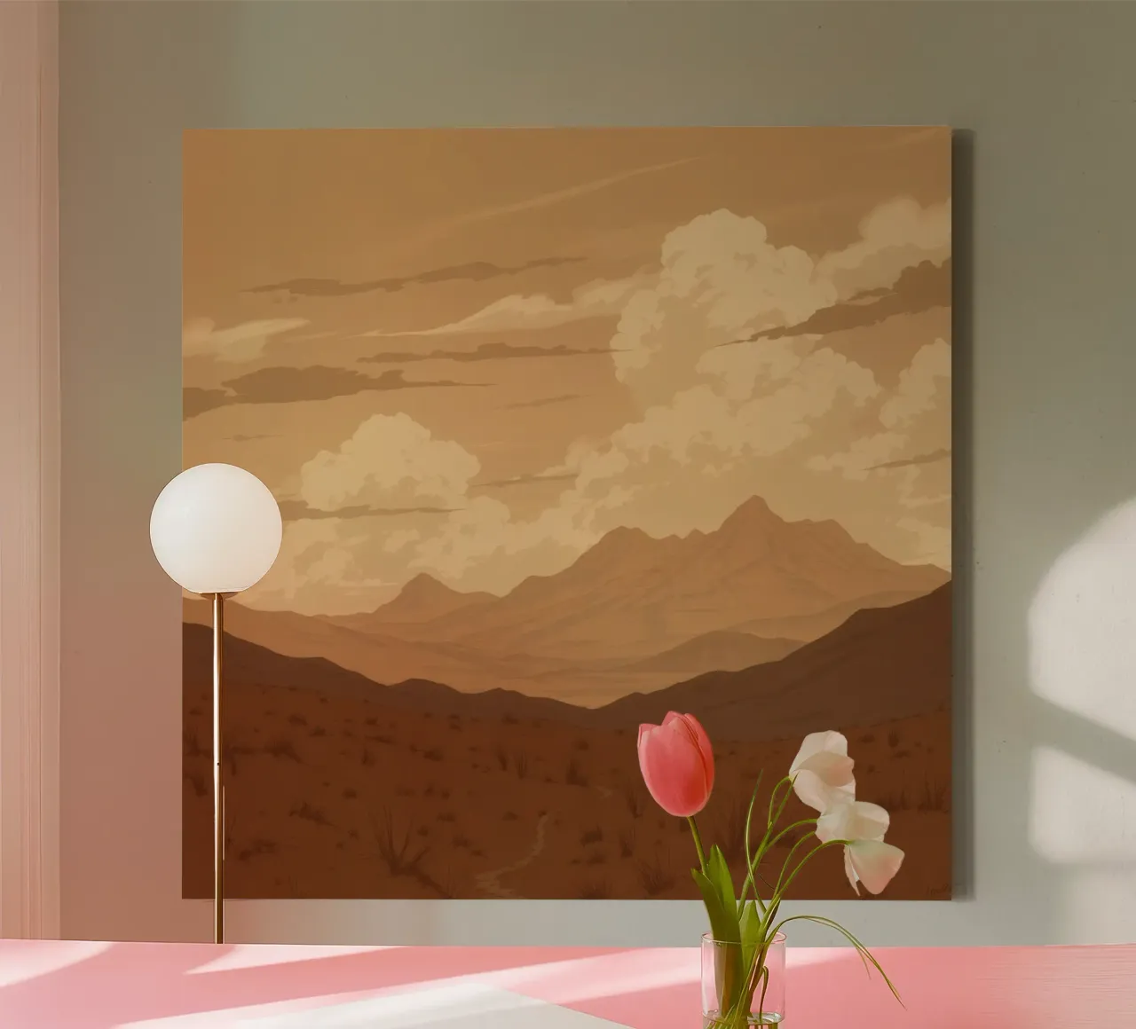 desert landscape with mountains and clouds at sunset canvas with Floater frame by DesignDoodle