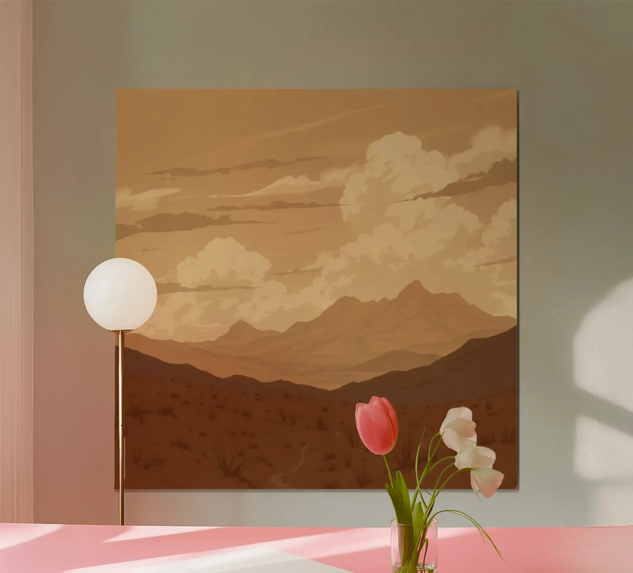 paesaggio desertico con montagne e nuvole al tramonto poster da DesignDoodle