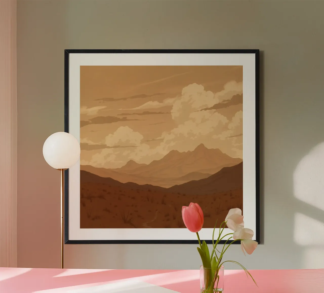 paesaggio desertico con montagne e nuvole al tramonto poster da DesignDoodle