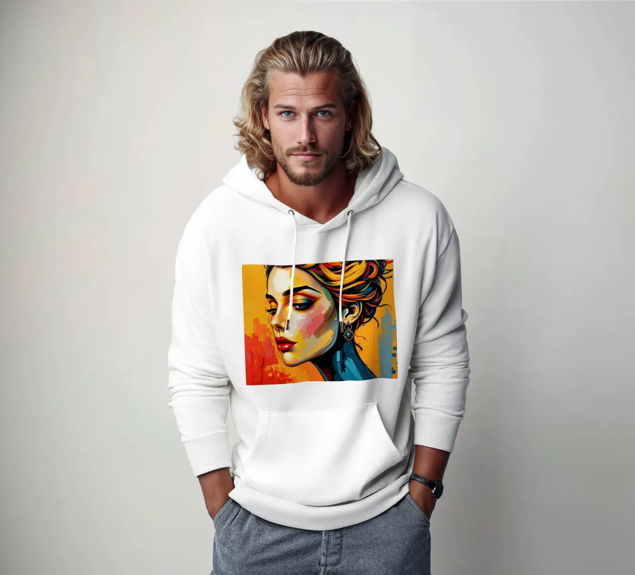 una donna con un'acconciatura intricata e un trucco audace contro felpa con cappuccio da DesignDoodle