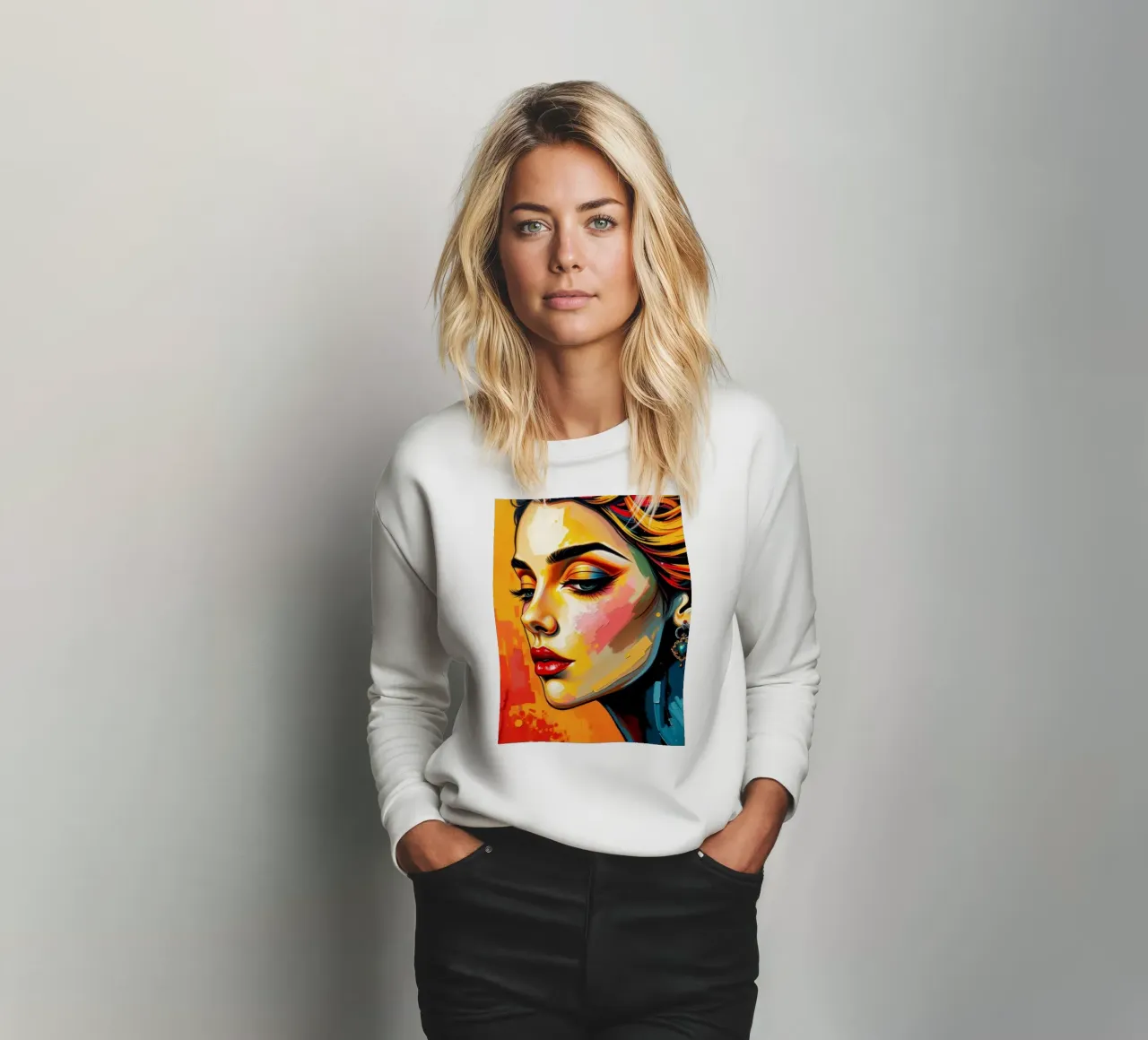 una donna con un'acconciatura intricata e un trucco audace contro felpa da DesignDoodle