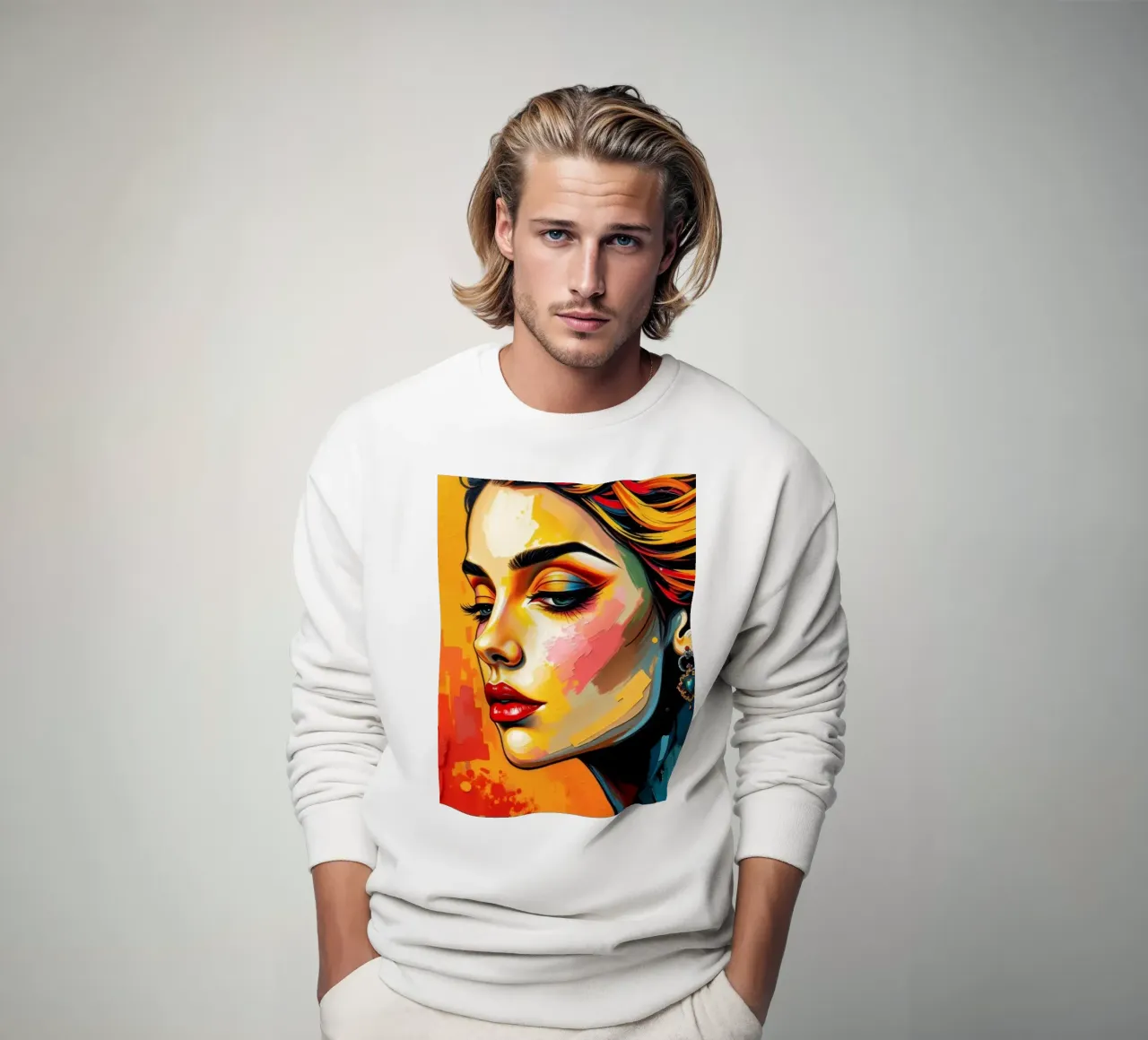 una donna con un'acconciatura intricata e un trucco audace contro felpa da DesignDoodle