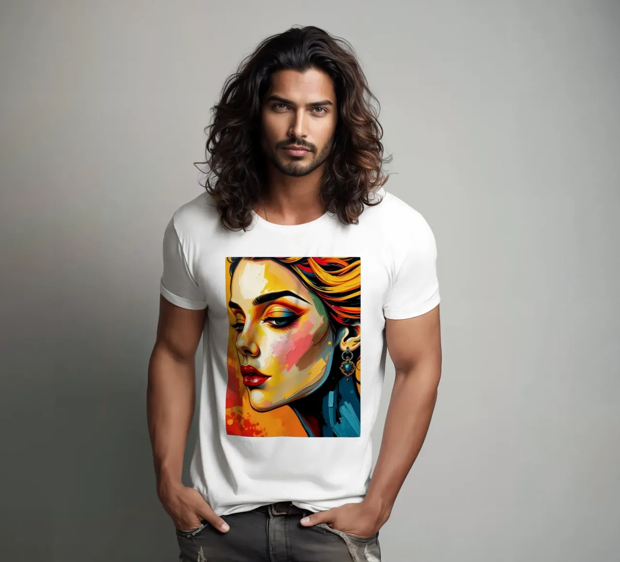 una donna con un'acconciatura intricata e un trucco audace contro t-shirt da DesignDoodle