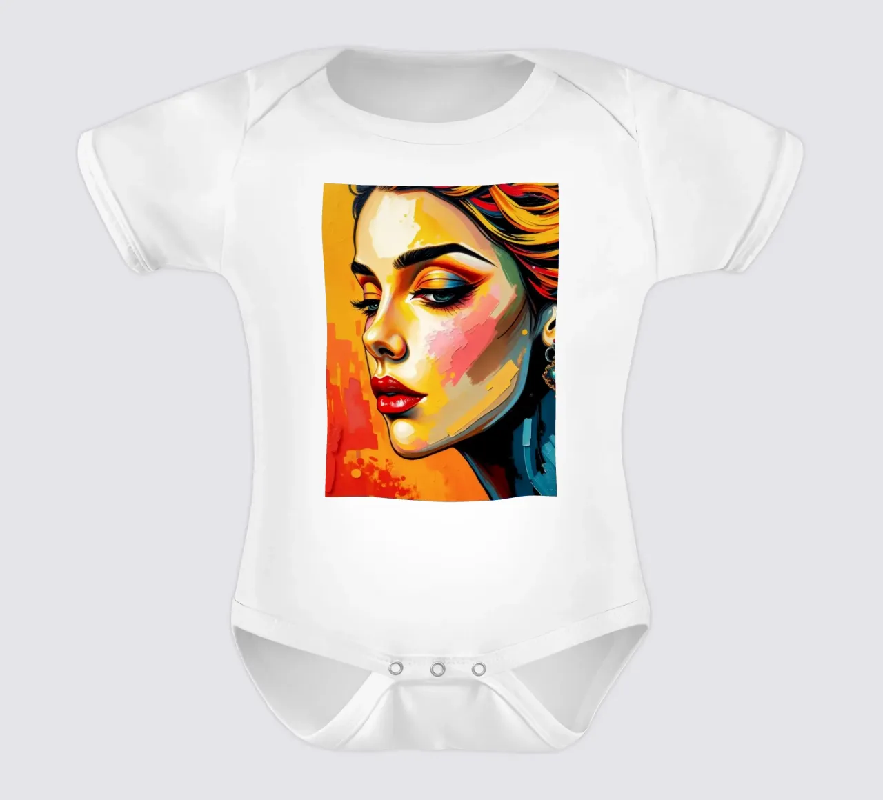 una donna con un'acconciatura intricata e un trucco audace contro body neonato maniche corte da DesignDoodle