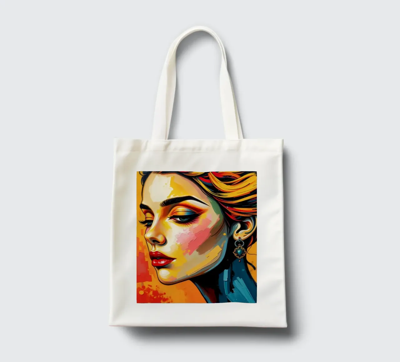 una donna con un'acconciatura intricata e un trucco audace contro borsa in juta da DesignDoodle