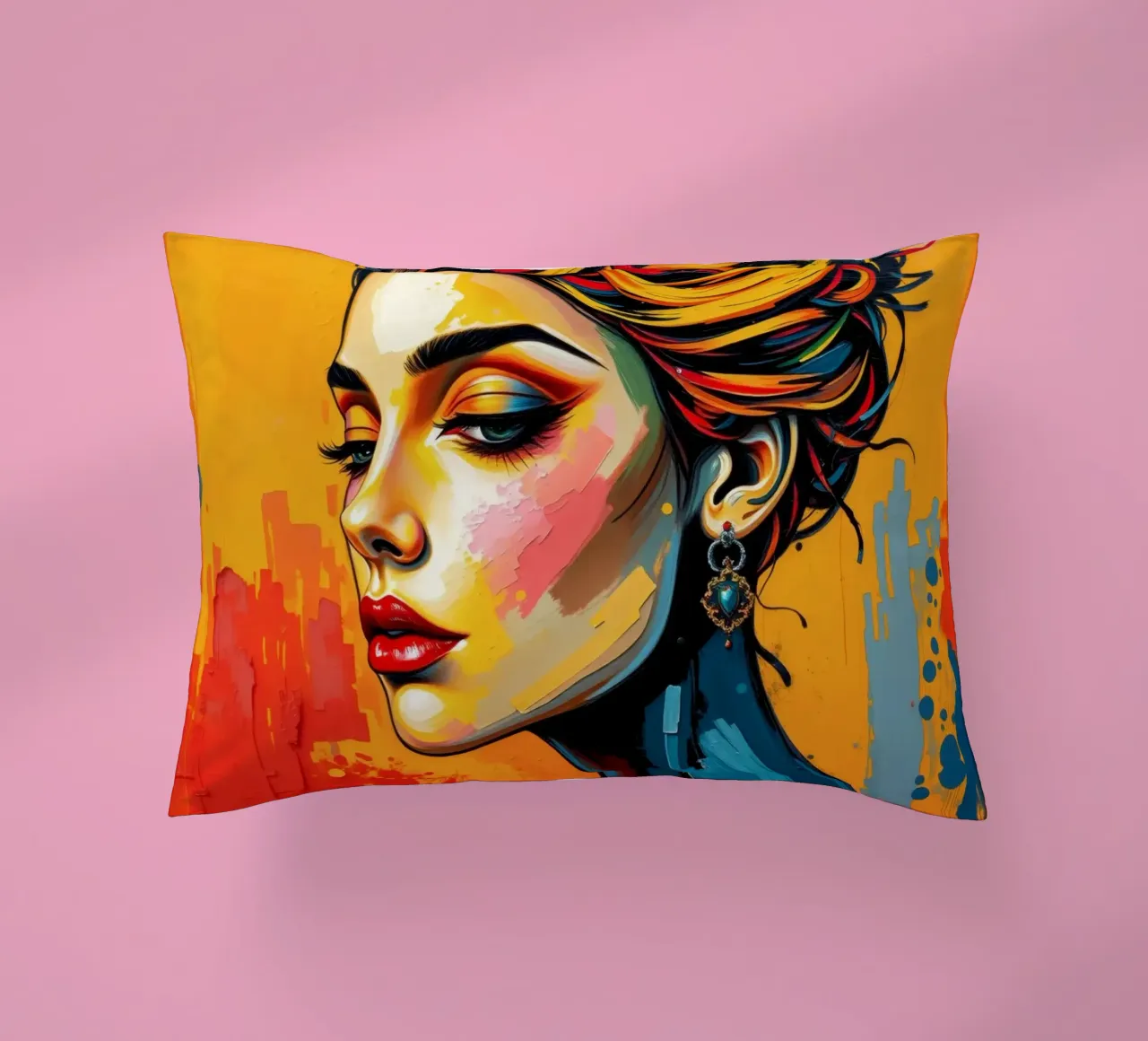 una donna con un'acconciatura intricata e un trucco audace contro cuscino da DesignDoodle