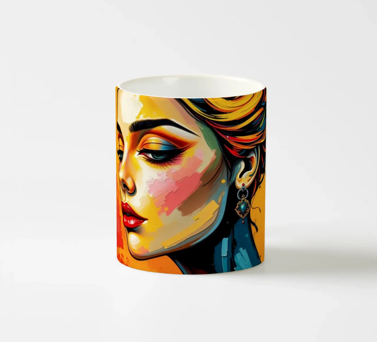 una donna con un'acconciatura intricata e un trucco audace contro tazza in ceramica da DesignDoodle