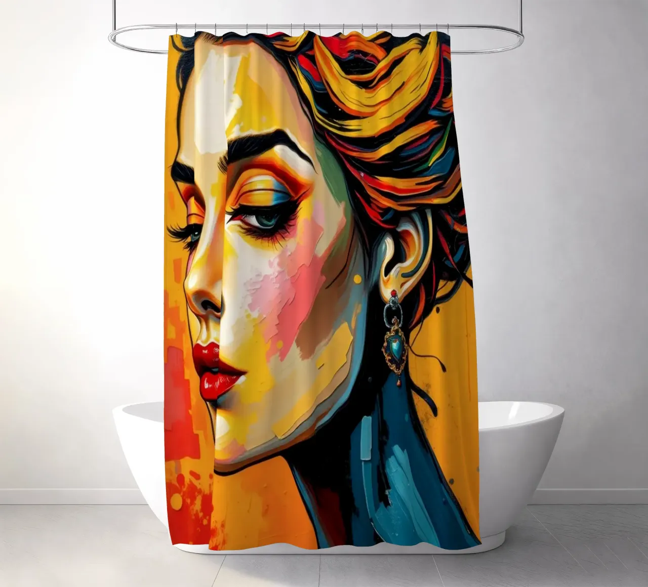 una donna con un'acconciatura intricata e un trucco audace contro tenda da doccia da DesignDoodle