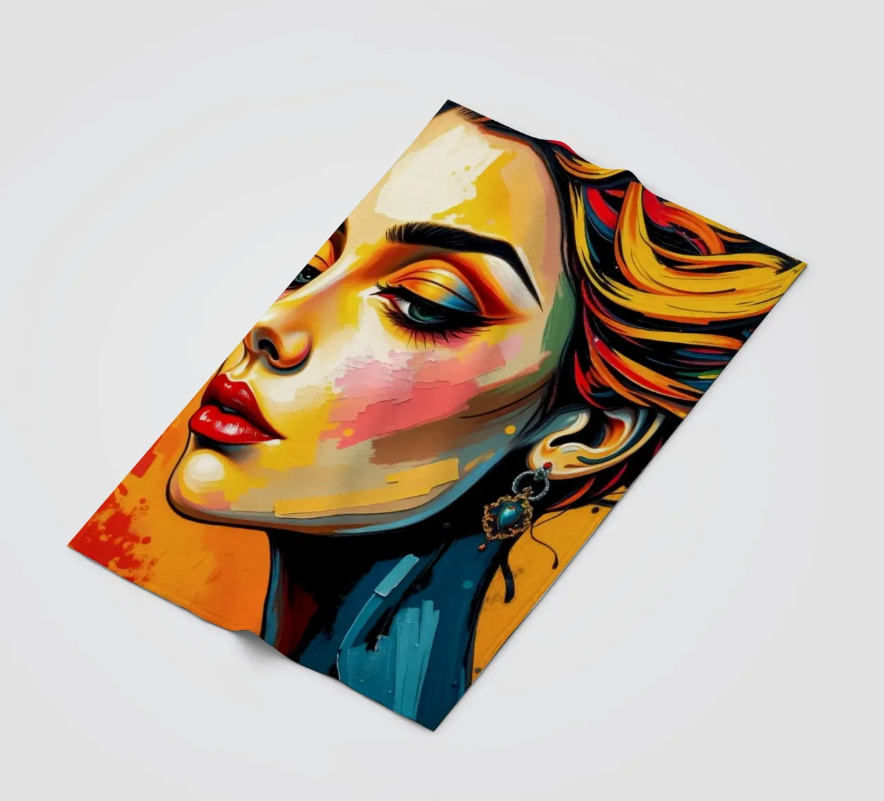 una donna con un'acconciatura intricata e un trucco audace contro coperta in pile da DesignDoodle
