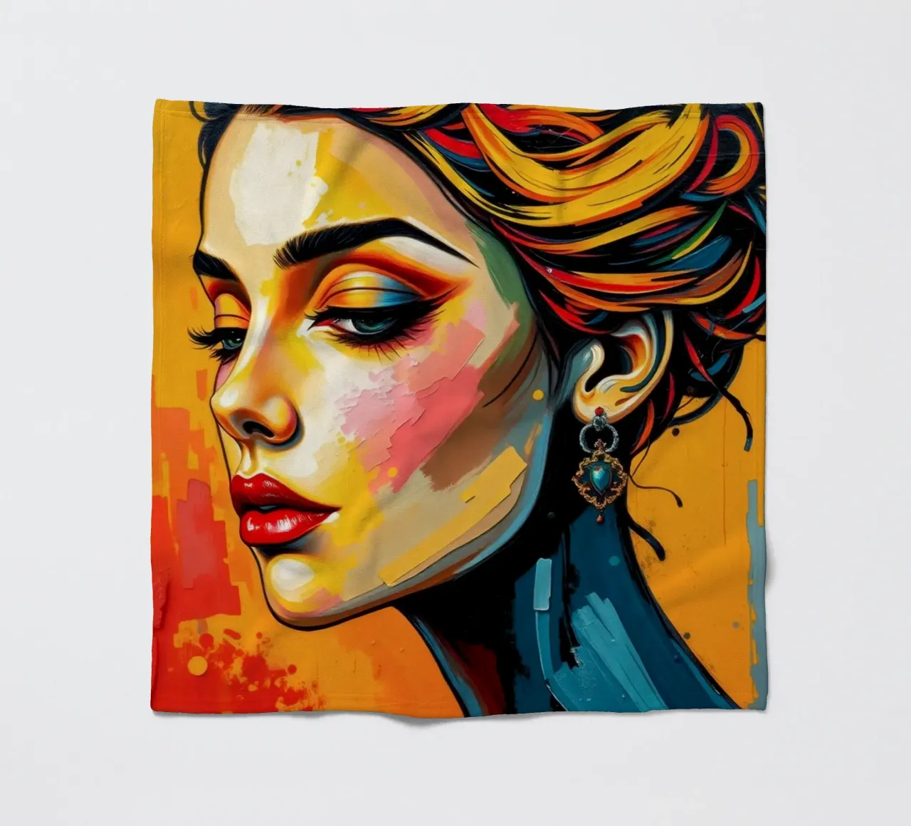 una donna con un'acconciatura intricata e un trucco audace contro coperta in pile da DesignDoodle
