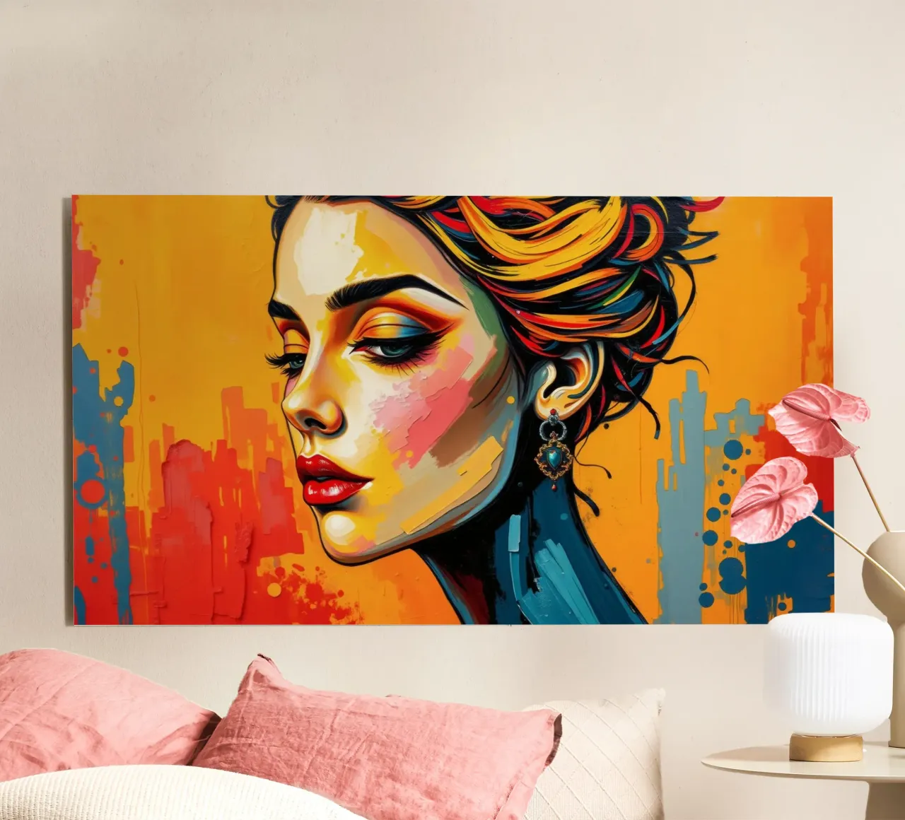 una donna con un'acconciatura intricata e un trucco audace contro alluminio dibond da DesignDoodle
