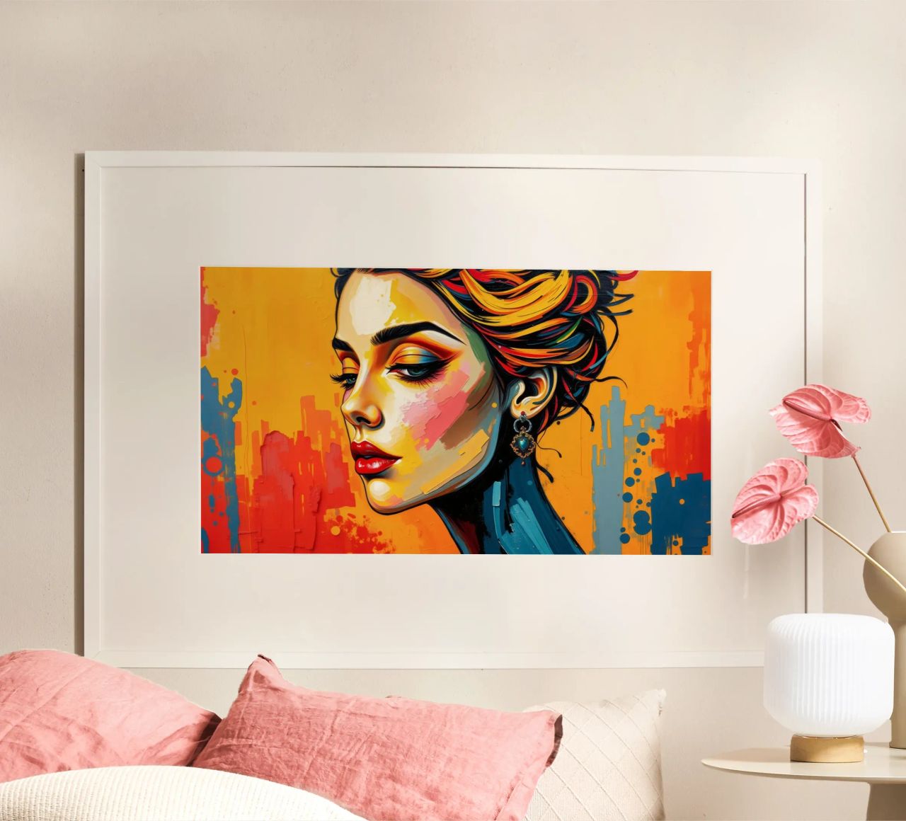 a woman with intricate hairstyle and bold makeup against poster by DesignDoodle