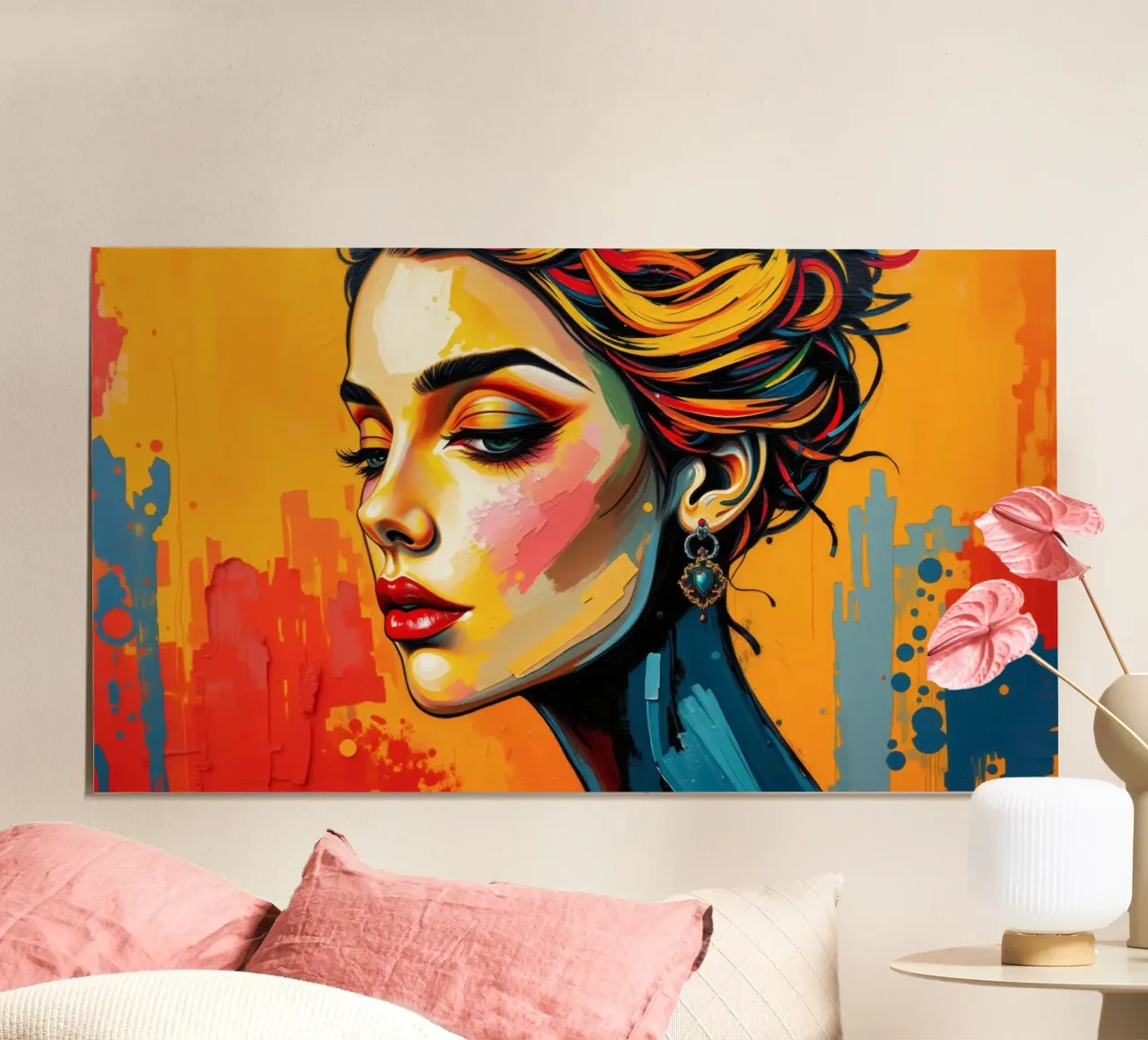 une femme à la coiffure complexe et au maquillage audacieux contre poster de DesignDoodle