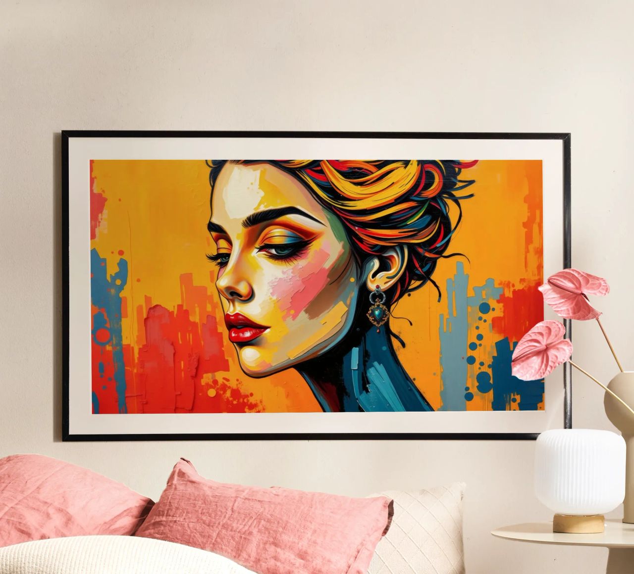 a woman with intricate hairstyle and bold makeup against poster by DesignDoodle