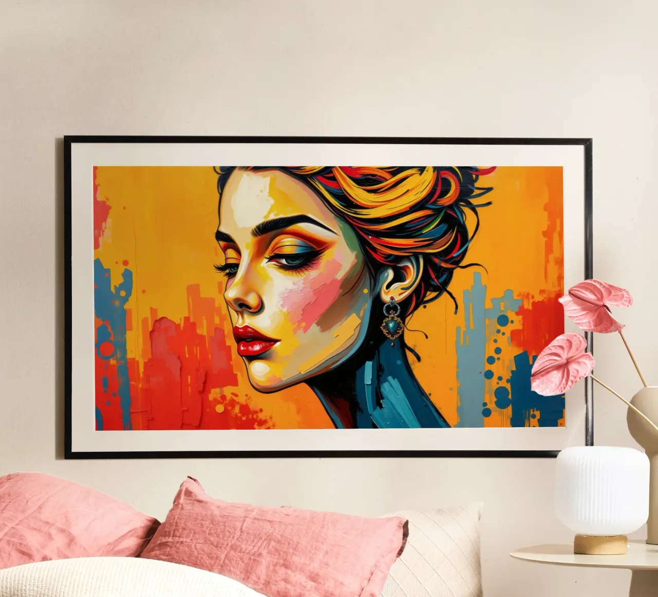 une femme à la coiffure complexe et au maquillage audacieux contre poster de DesignDoodle