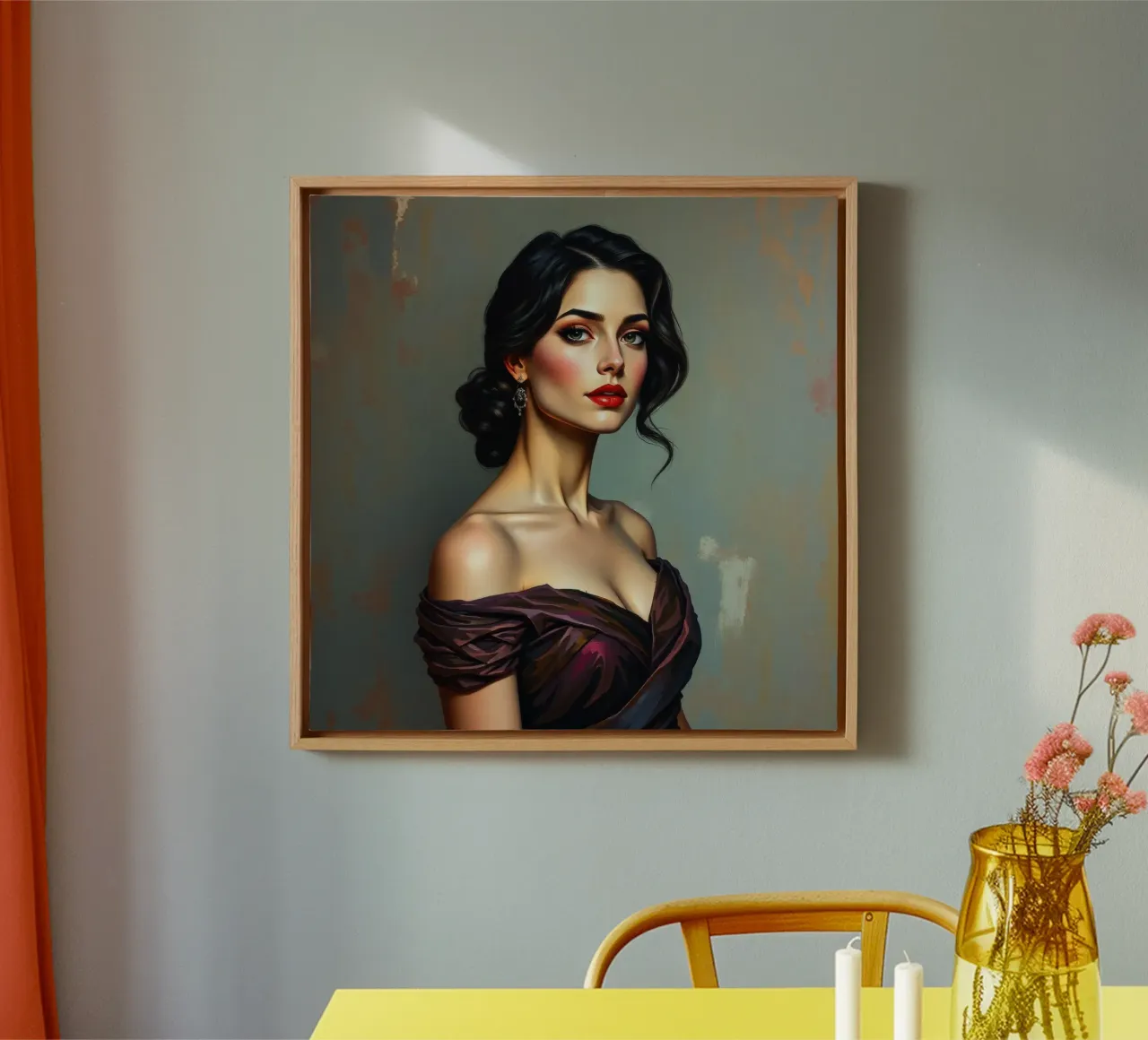 Donna elegante con un abito in stile vintage posa con grazia tela con Cornice a cassetta da DesignDoodle