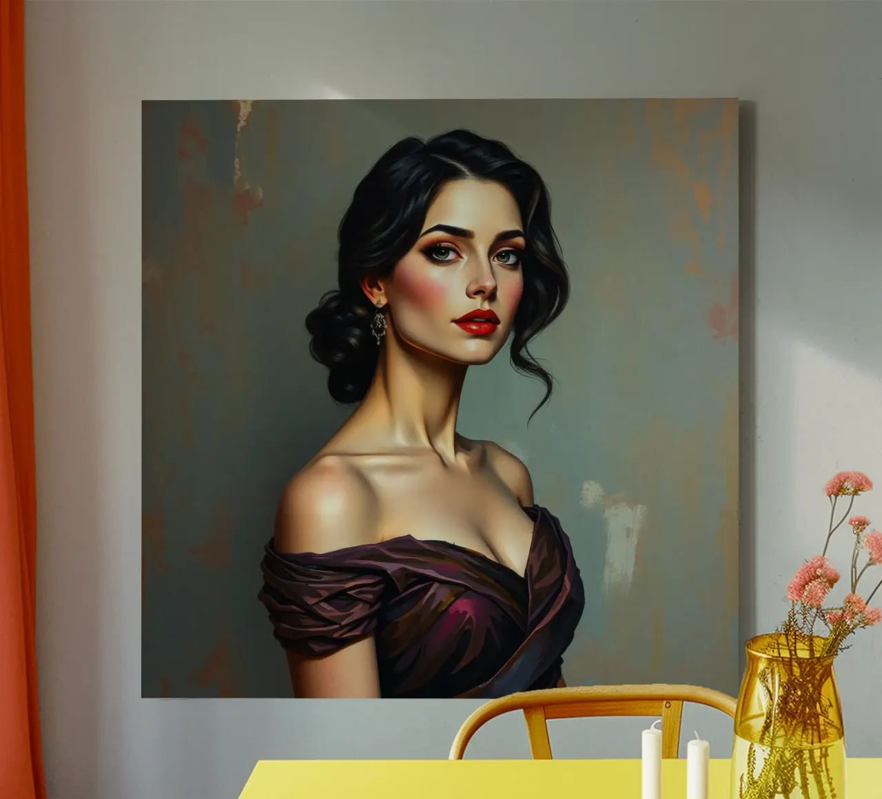 Donna elegante con un abito in stile vintage posa con grazia tela con Cornice a cassetta da DesignDoodle