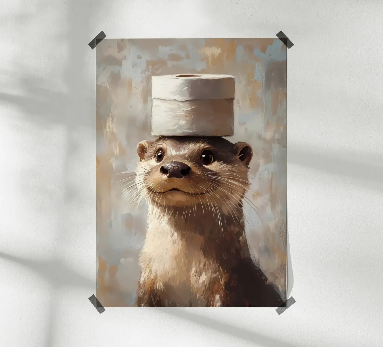 Lontra con cappello di carta igienica poster con telaio in legno da Ginnery