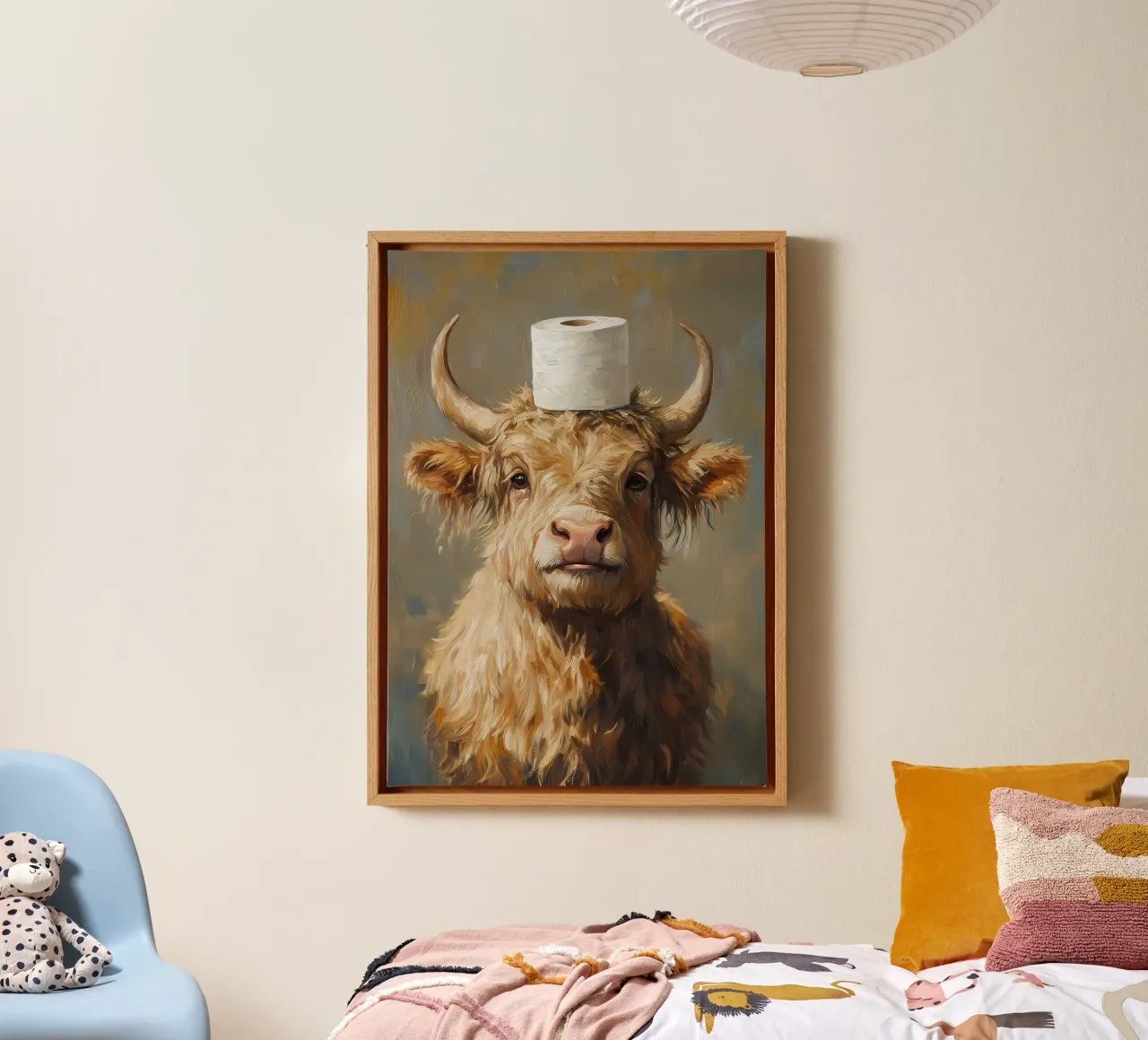 Hooglandse koe met toiletpapier canvas met Baklijst van Ginnery
