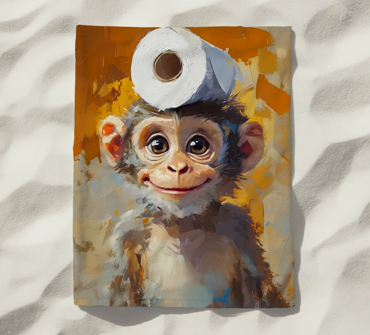 Monkey with Toilet Paper Hat beach towel by Ginnery