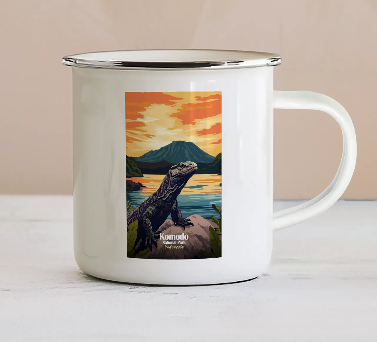 Komodo Dragon Sunset tazza in smalto da Ginnery