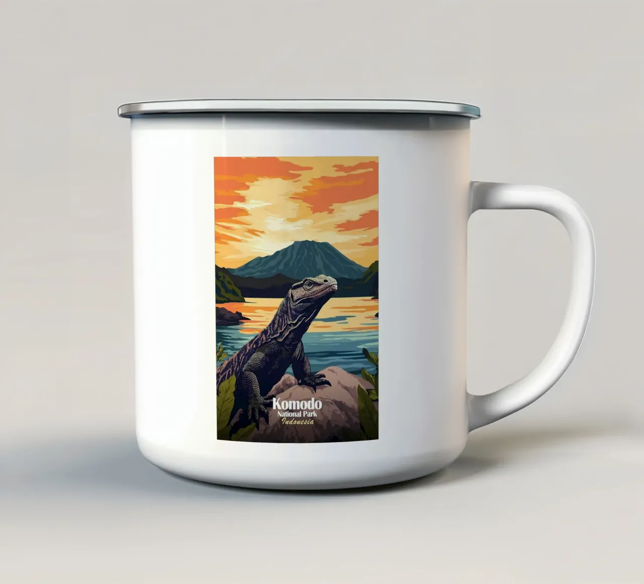 Komodo Dragon Sunset tazza in smalto da Ginnery