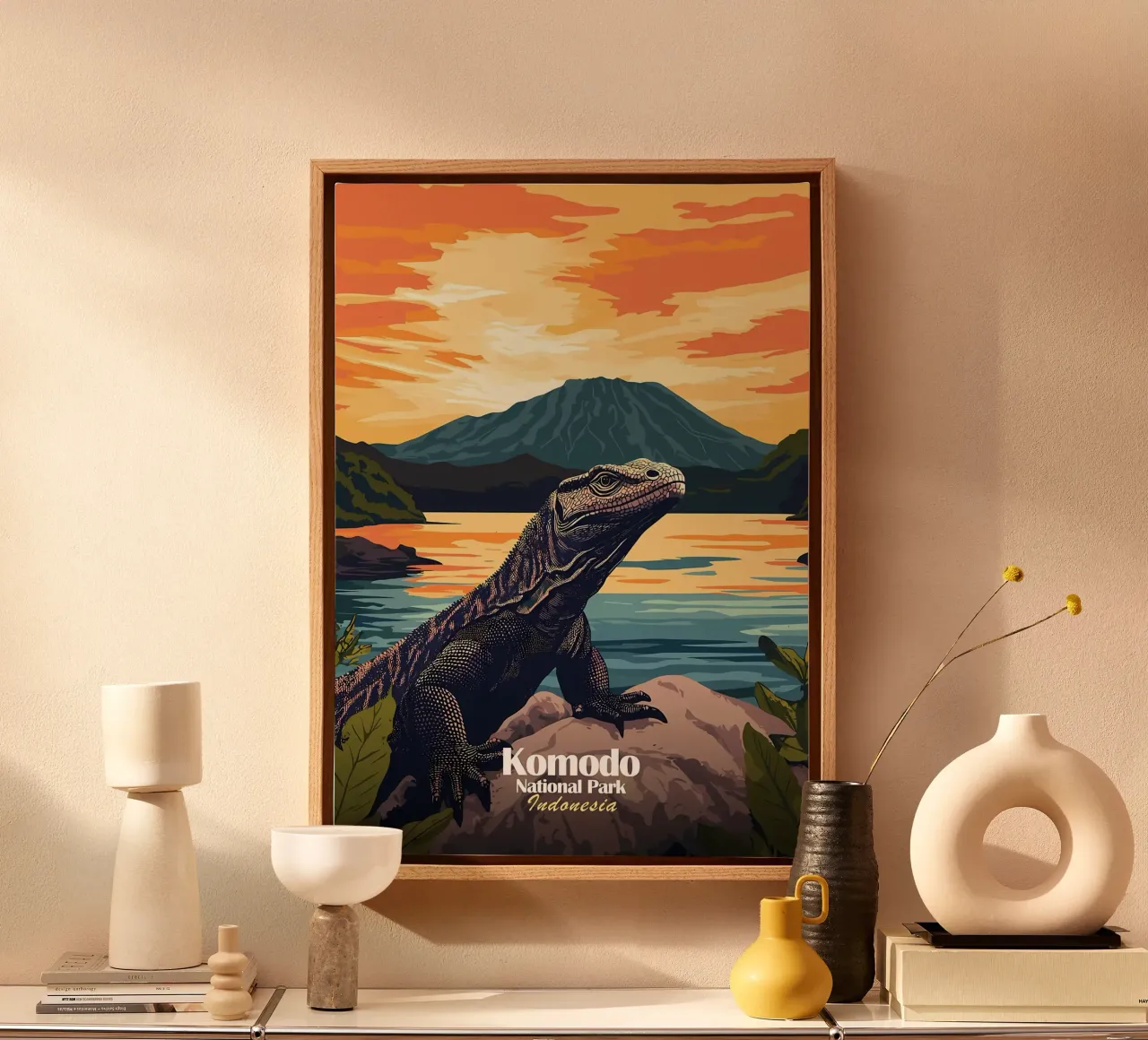 Komodovaraan Zonsondergang canvas met Baklijst van Ginnery