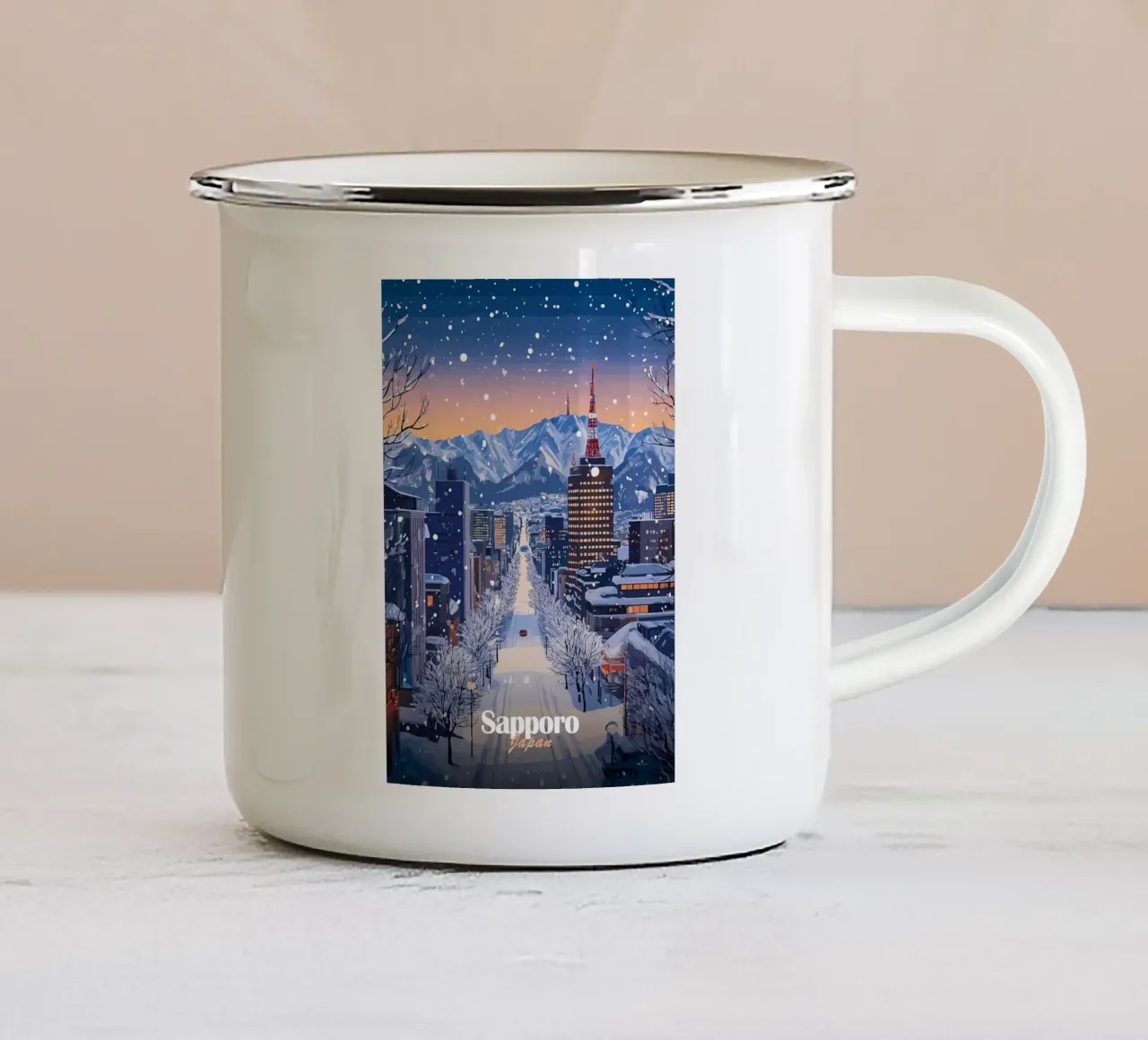 Paesaggio urbano di Sapporo innevato tazza in smalto da Ginnery