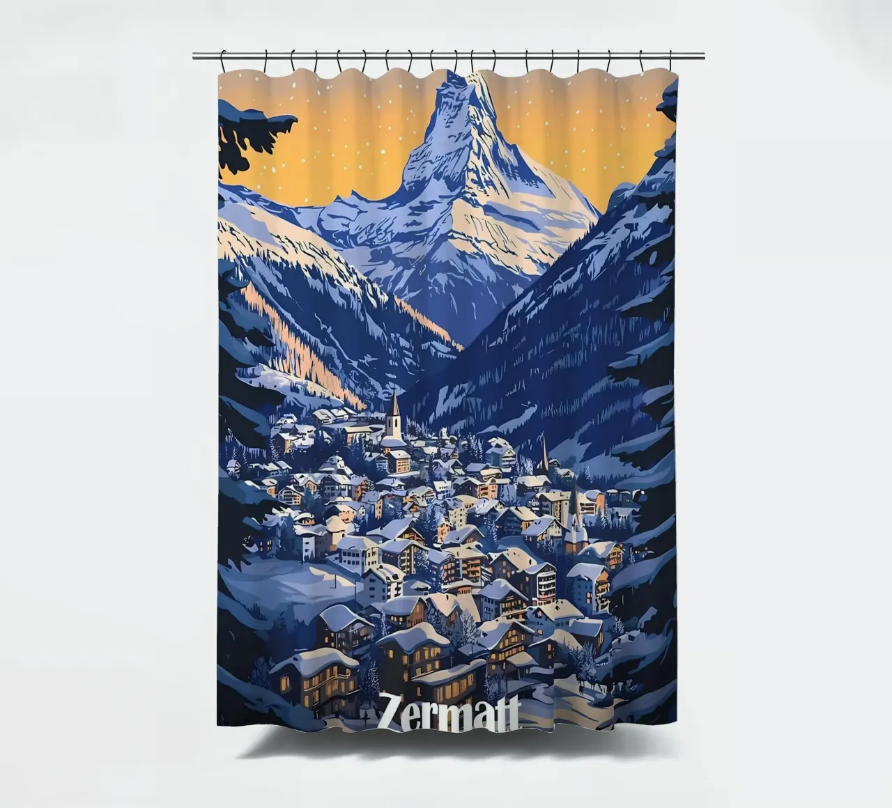 Zermatt Switzerland Mountain Village shower curtain by Ginnery
