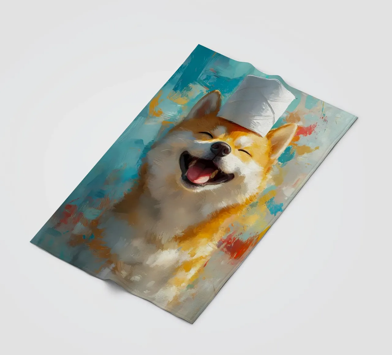 Shiba Inu sorridente con cappello in carta igienica coperta in pile da Ginnery