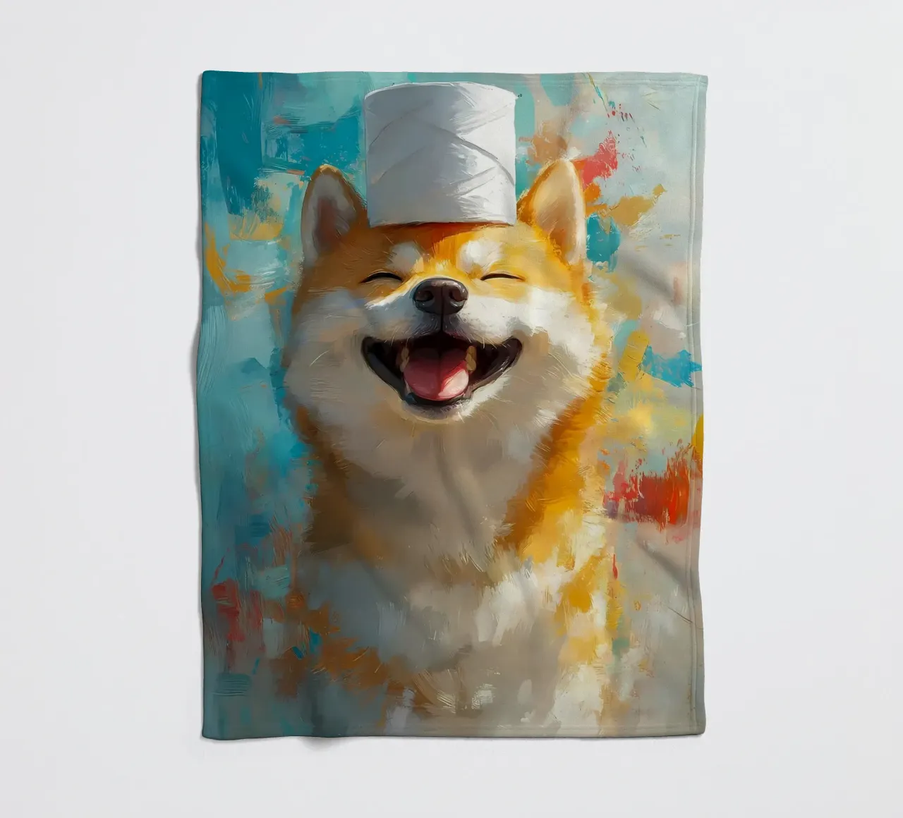 Shiba Inu sorridente con cappello in carta igienica coperta in pile da Ginnery