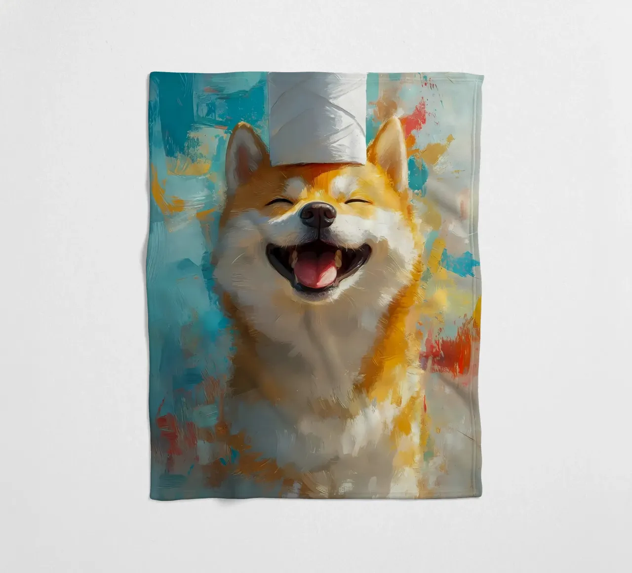 Shiba Inu sorridente con cappello in carta igienica coperta in pile da Ginnery
