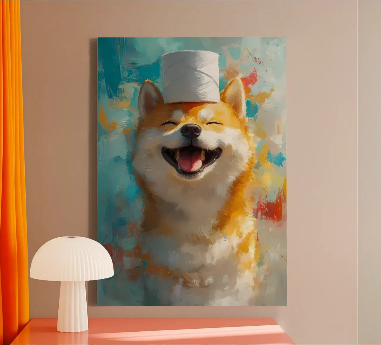 Smiling Shiba Inu with Toilet Paper Hat canvas with Floater frame by Ginnery