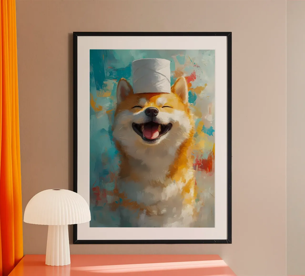 Lachende Shiba Inu met wc-papier hoed hahnemühle van Ginnery