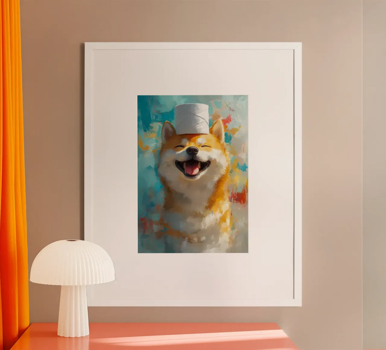Lachende Shiba Inu met wc-papier hoed hahnemühle van Ginnery